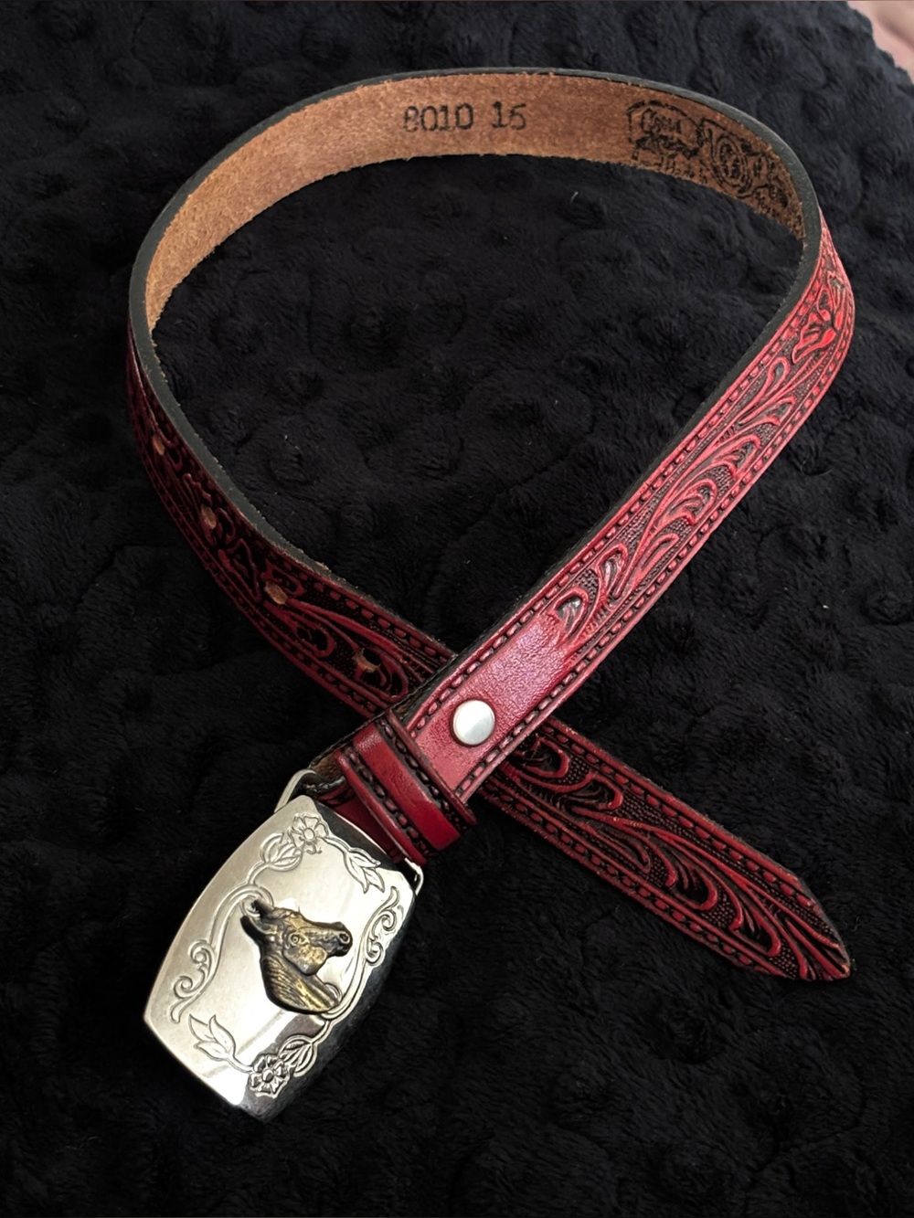 Circle Y of Yokum Vintage Tooled Red Leather Western Belt & Buckle - Child Size